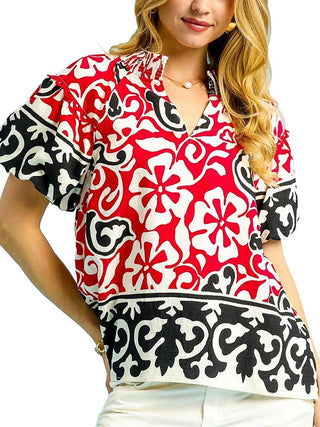 abstract red floral boho printed top with smocked collar