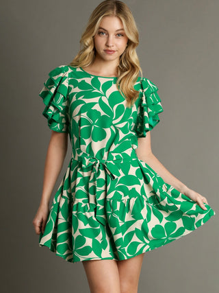 green botanical print garden party mini dress with short ruffled sleeves