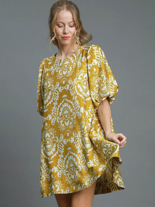 Botanical Puff Sleeve Mini Dress - Mustard Green