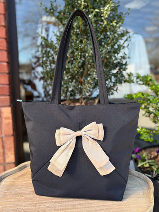 black tote bag with sheer shimmery bow 