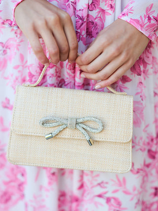 mini straw tan hand bag with rhinestone bow 