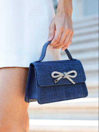 mini blue straw handbag with rhinestone bow 