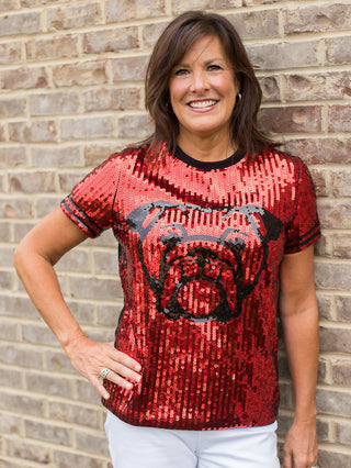 a red and black sequin uga shirt with a bulldog across the chest perfect of dawgs football games and tailgating