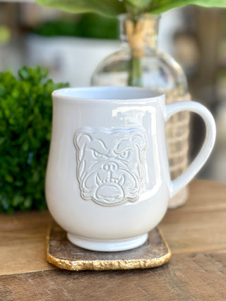 white ceramic coffee mug with embossed georgia bulldog image