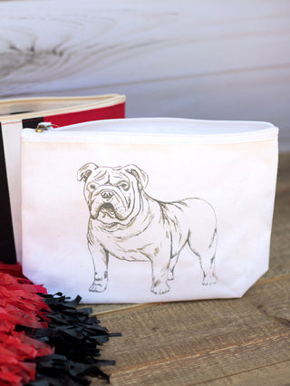 a white makeup bag with a black bulldog sketching perfect for uga football fans and game day getting ready