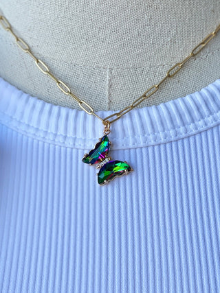 green iridescent butterfly necklace on solid brass gold plated paperclip chain