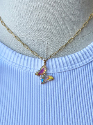 pink iridescent butterfly necklace on solid brass gold plated paperclip chain
