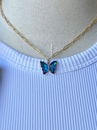 blue iridescent butterfly necklace on solid brass gold plated paperclip chain