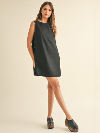 Button Me In Linen Mini Dress - Black