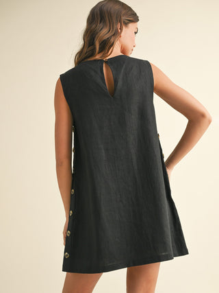 Button Me In Linen Mini Dress - Black