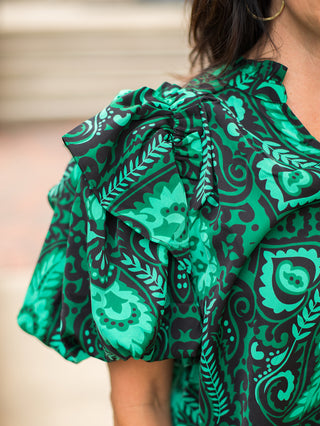 By the Garden Puff Sleeve Blouse - Green and Black