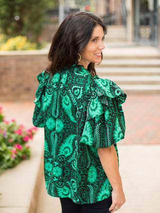 By the Garden Puff Sleeve Blouse - Green and Black