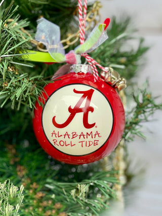 a crimson red and white alabama roll tide christmas ornament