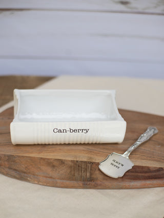 a serving set for cranberry sauce with a textured can shape dish and silver spatula perfect for thanksgiving and host gifts