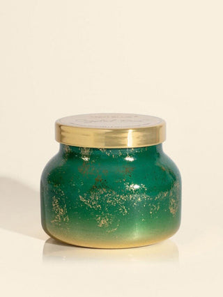 emerald green and gold holiday candle in a crystal pine scent