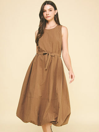 camel brown sleeveless midi dress with bubble hem and waist tie