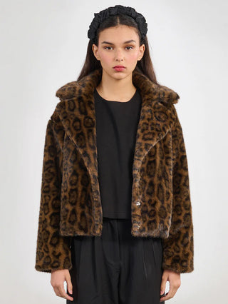 a soft faux fur cheetah print jacket with a large collar and open front