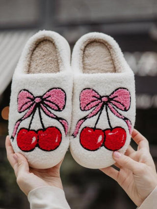white fuzzy slippers with cherry and pink bow embroidery 