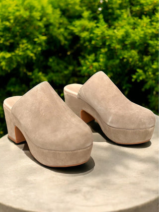 classy taupe suede platform closed toe clogs