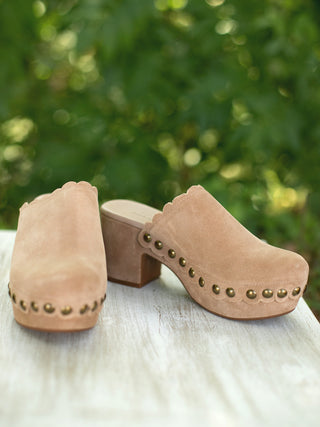 a pair of tan clog block heels with scallop details perfect for summer to fall fashion and everyday wear