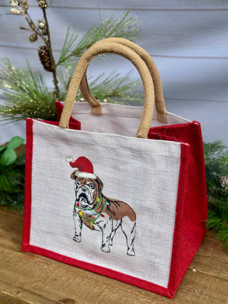 a red and white bulldog and christmas lights gift tote bag
