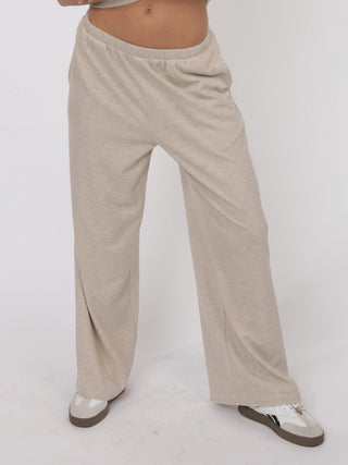 beige wide leg knit pants with elastic waistband 