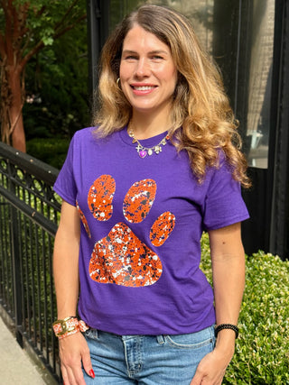 clemson purple tee with orange tiger paw print