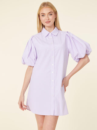 purple and white striped short puff sleeve mini dress with button up and collar