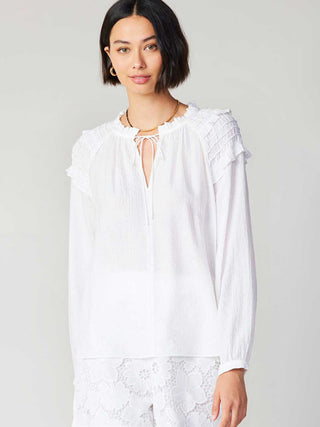 long sleeve chic split neck white blouse with ruffled detail