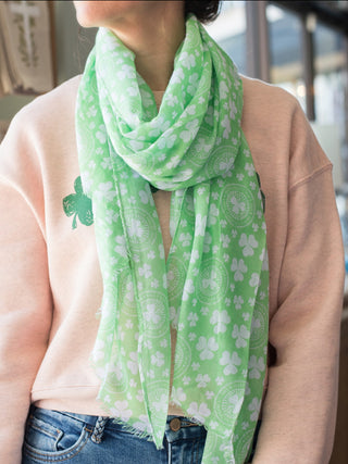 soft frayed white and green clover print scarf