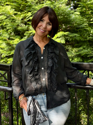 black ruffled button up long sleeve blouse