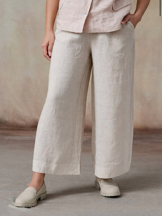 cool boho style wide leg linen pants in washed sand color