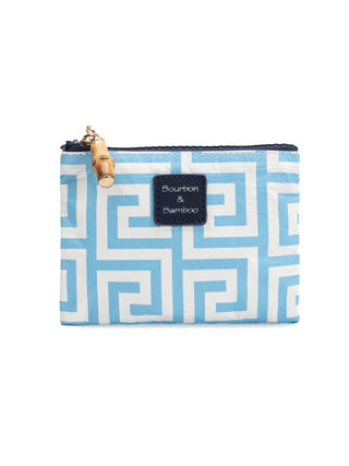 a vibrant summer canvas coated coin pouch with a light blue and white pattern