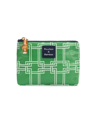 a vibrant summer canvas coated coin pouch with a green and white pattern