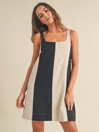 Color Block Linen Mini Dress - Black/Oatmeal