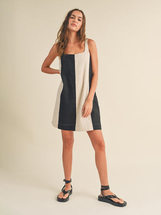 Color Block Linen Mini Dress - Black/Oatmeal