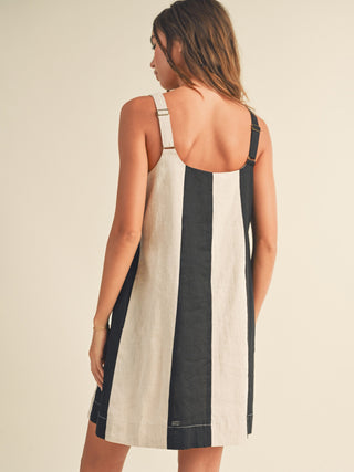 Color Block Linen Mini Dress - Black/Oatmeal