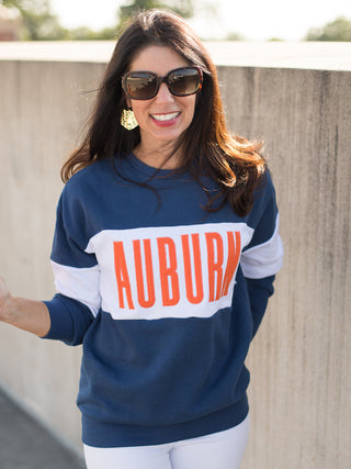 an auburn sweatshirt with navy and white color block perfect for fall football games and war eagle fans