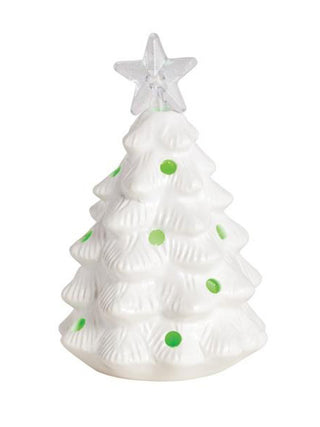 a white ceramic tree sitter decorations that lights up with colors