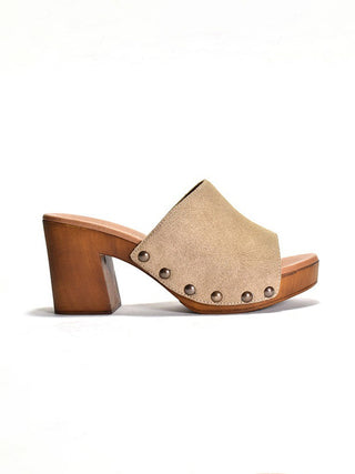 tan suede slip on studded detail wood platform sandal