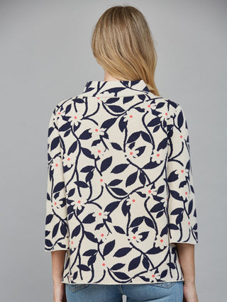 Cozy Botanica Jacquard Knit Sweater - Beige/Navy