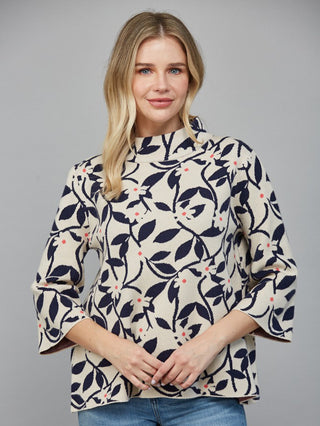 Cozy Botanica Jacquard Knit Sweater - Beige/Navy