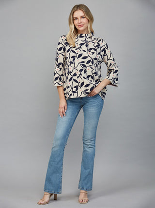 Cozy Botanica Jacquard Knit Sweater - Beige/Navy