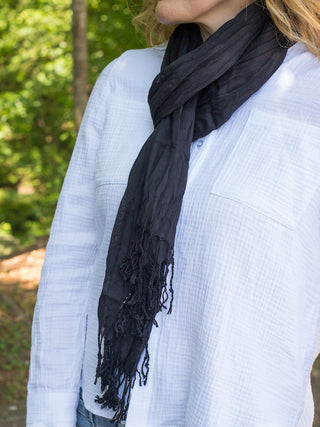 this lightweight crinkle summer scarf in black with tassels
