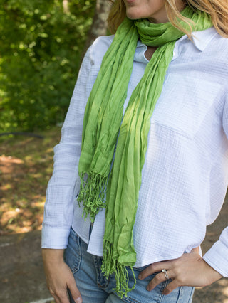 this lightweight crinkle summer scarf in lime green with tassels