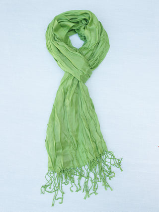 this lime green crinkle scarf is lightweight and features a fringe hem