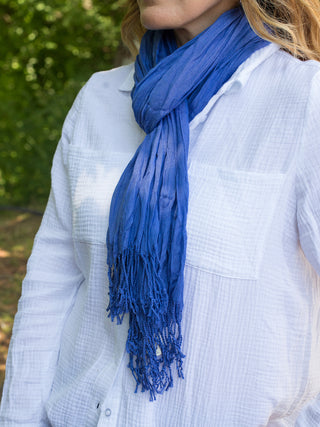 this lightweight crinkle summer scarf in royal blue with tassels