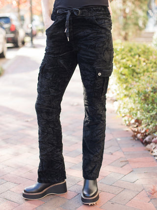 wear these black velvet cargo pants for perfect winter wardrobe comfort and to casual holiday events