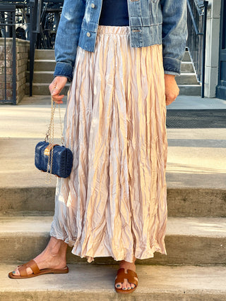 bright and flowy beige crinkle maxi skirt