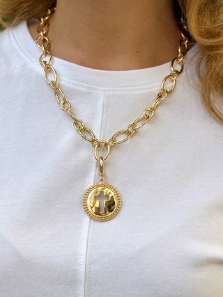 Cross Coin Pendant Charm - Gold